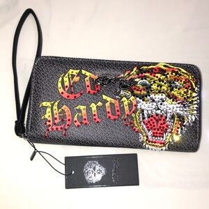 Ed Hardy Black Faux Leather ZA Wallet Rhinestone Tiger Tattoo & Logo Accent NWT